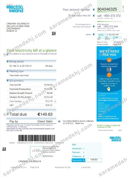 IRELAND ELECTRIC IRELAND utility bill Word and PDF template